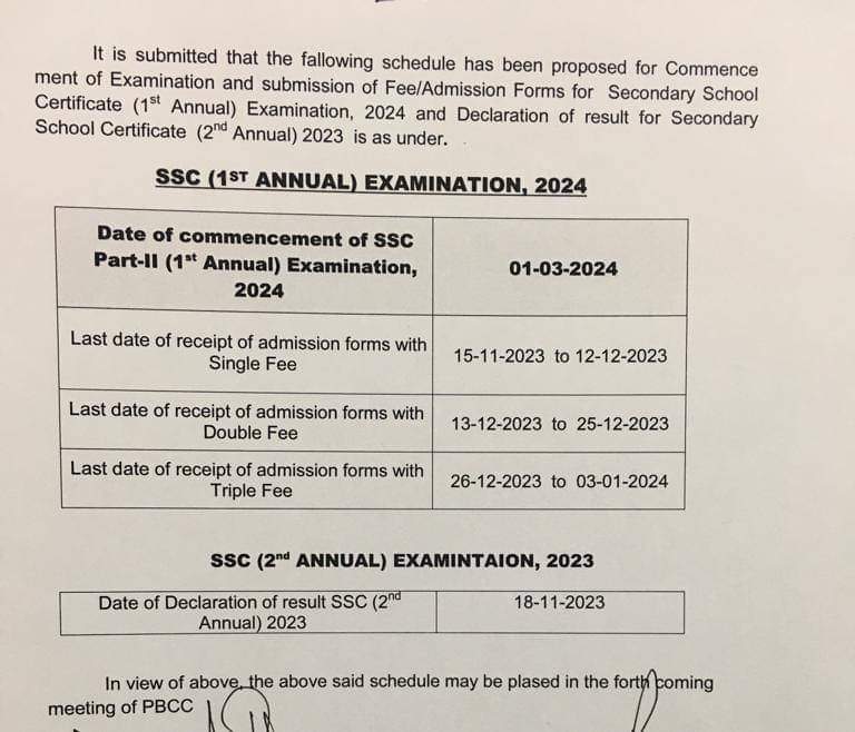 10th Class Matric Annual Date Sheet 2024 BISE Lahore board